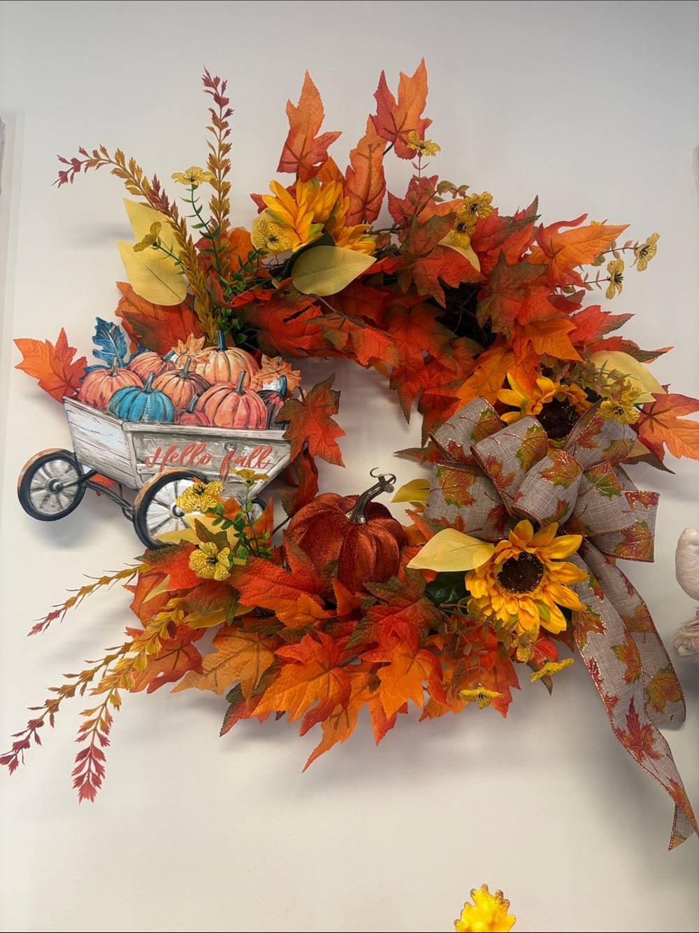 Fall Harvest Wreath with Orange Leaves, Sunflower & Pumpkin Accents